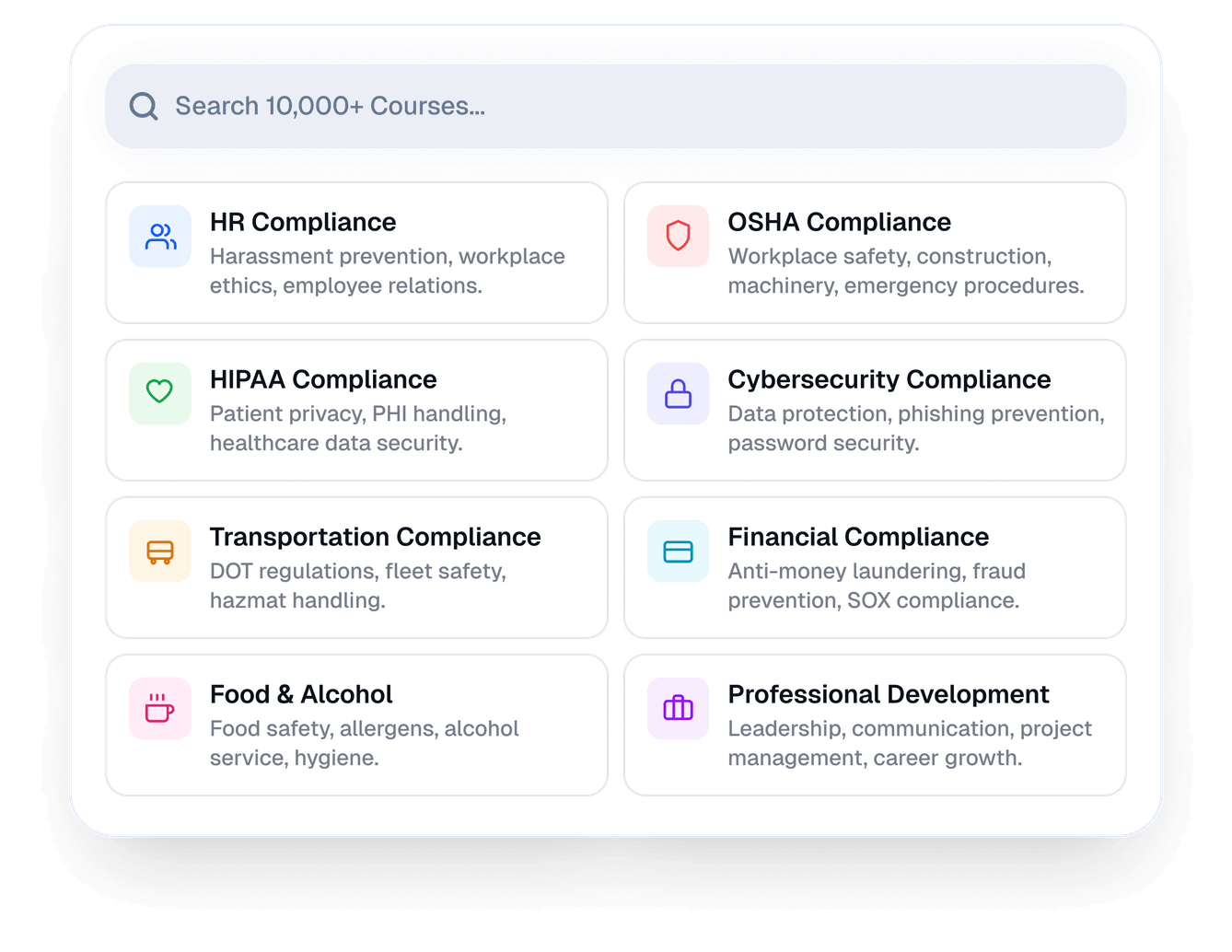 Search 10,000+ courses across HR, OSHA, HIPAA, cybersecurity, and more.