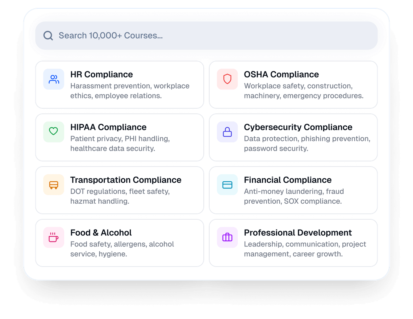 Search 10,000+ courses across HR, OSHA, HIPAA, cybersecurity, and more.